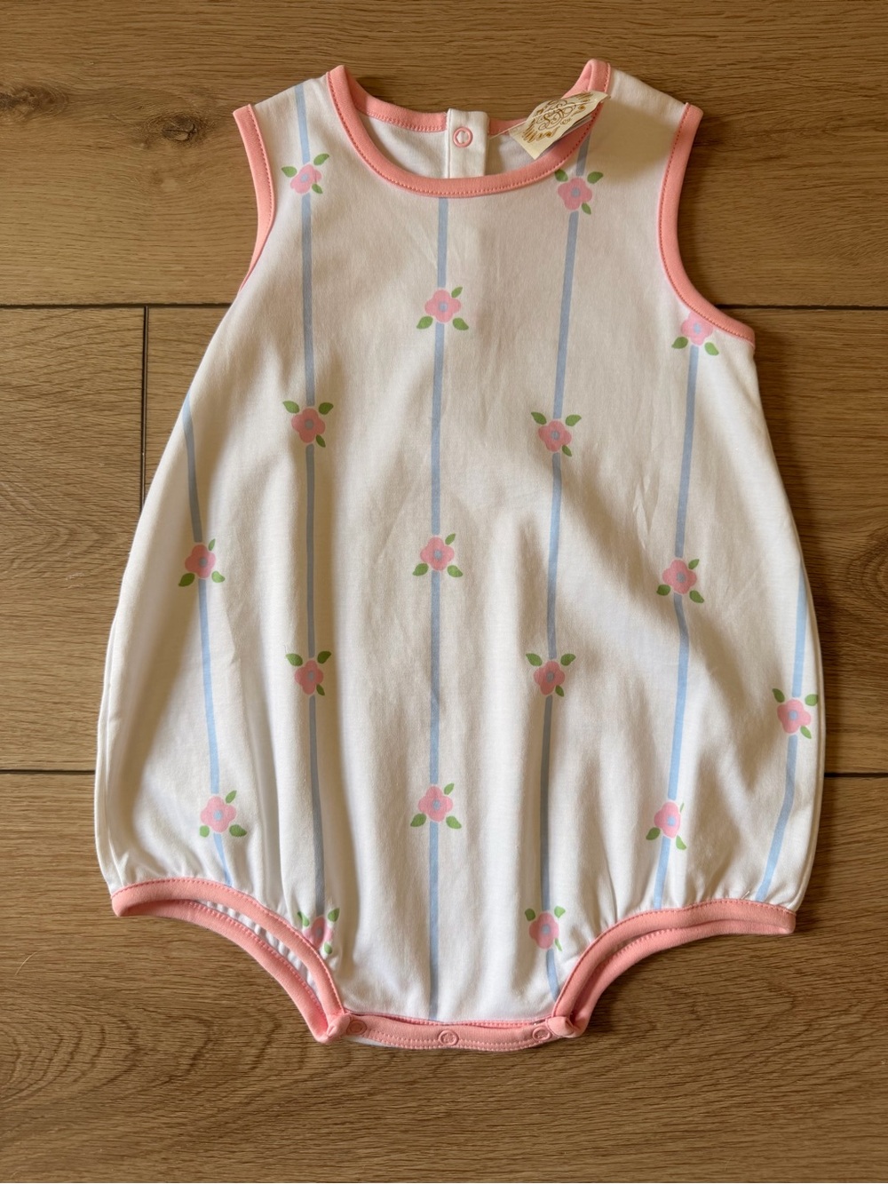 The Beaufort Bonnet Company White One-Piece with Pink Trim and Blue Stripes